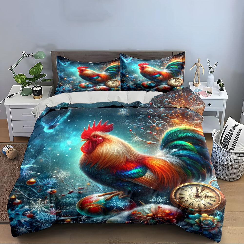 Colorful Rooster Winter Scene Bedding Duvet Cover Set (1*Duvet Cover 2*Pillowcases, Without Duvet Insert)
