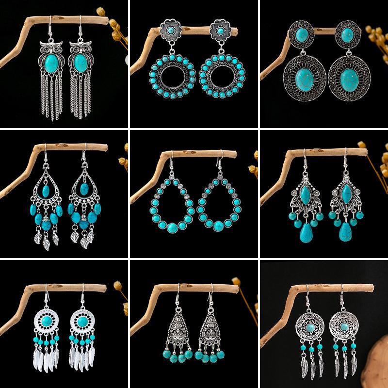 Retro Ethnic Turquoise Earrings: Blue Hollow Flower, Tassel, Owl, and Water Drop Designs