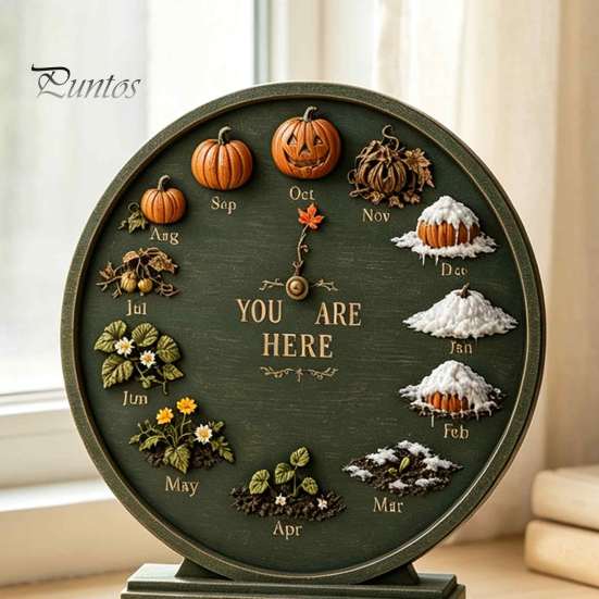 Forniture per Rituali Accoglienti a Casa Decorazione Calendario Mensile Stagionale in Legno, Orologio Stagionale Perpetuo Rotondo in Stile Rustico, Regalo per Amanti dell'Autunno Zucca Quattro