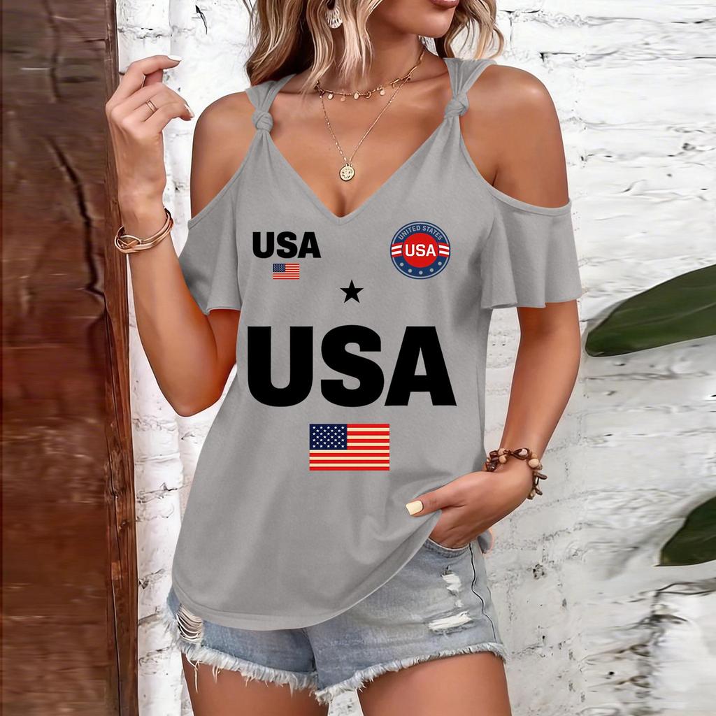 T-shirt Femme Épaules Dégagées Imprimé USA Bretelles à Nouer Manches Courtes Décontracté Haut d'Été Coupe Ample Chemisier Léger pour un Usage Quotidien