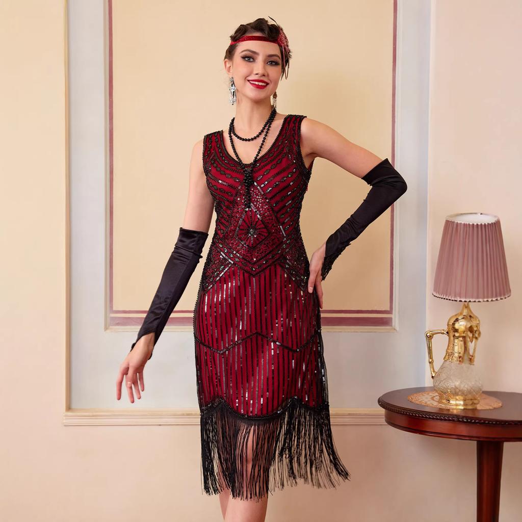 Women's Plus Size 1920s Gatsby Flapper Dress, Sequin Beaded Tassel Fringe Vest Dress For Prom Party