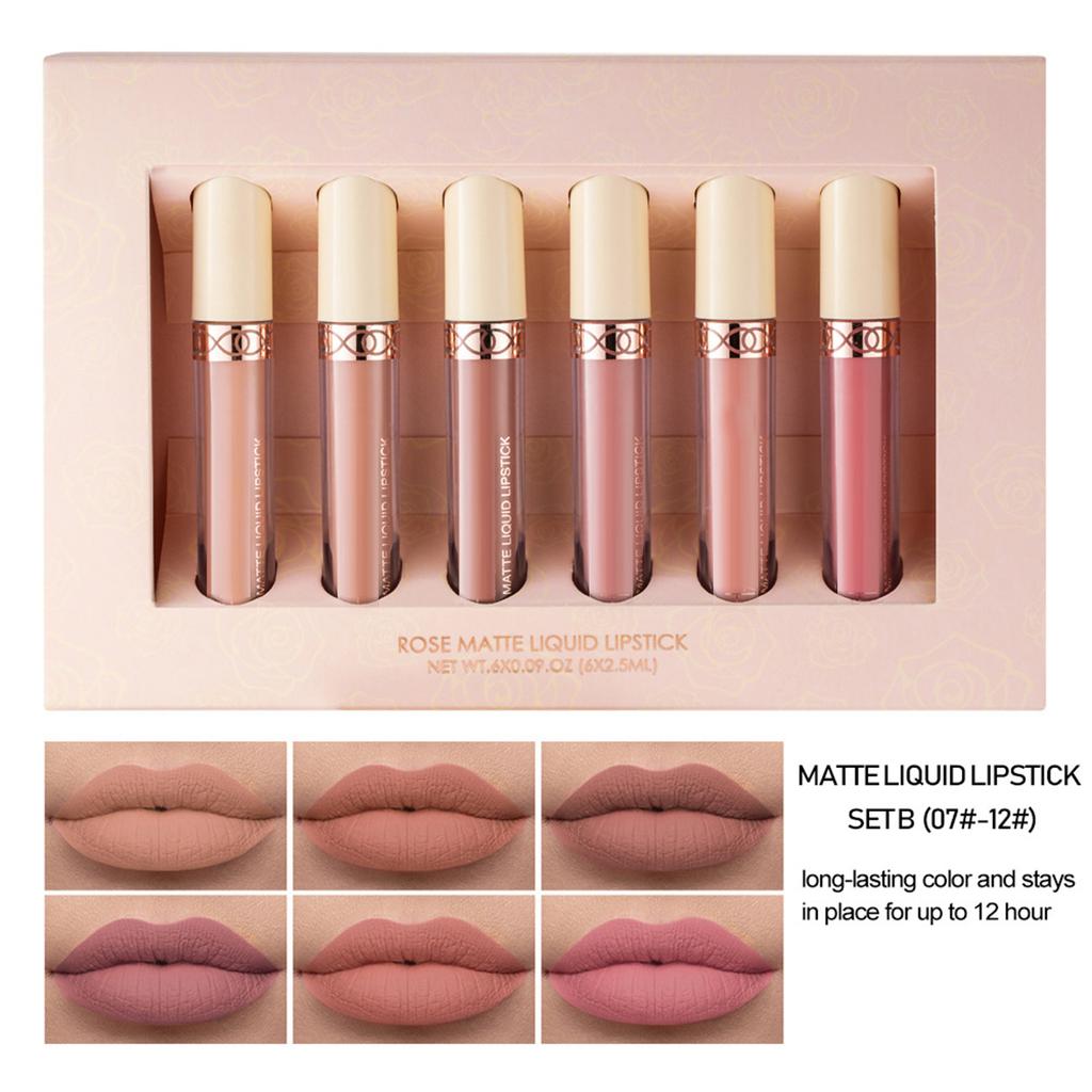 HANDAIYAN 6Pcs Rose Matte Liquid Lipstick Set Waterproof Non Stick Long Lasting Lip Gloss Lip Makeup