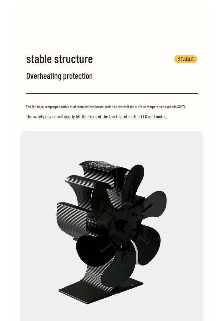 Leaf Thermo-dynamic Aluminum Fireplace Fan: High-Temperature Resistant Rotating Heating Plate for Portable Thermal Energy Generation.