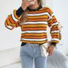 Maglione da Donna Casual a Blocchi di Colore con Strisce, Maniche a Lanterna, Girocollo, Vestibilità Larga