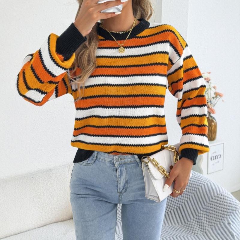 Maglione da Donna Casual a Blocchi di Colore con Strisce, Maniche a Lanterna, Girocollo, Vestibilità Larga