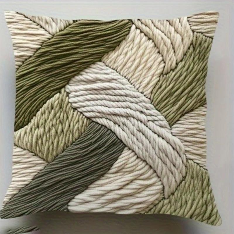 Tinika Chen Unisex Green/Peach Sage Woven Macrame Rope Pillow Cover Coastal Boho Textured Braid Cushion Case Decor 2D Printed, Soft Skin 45X45