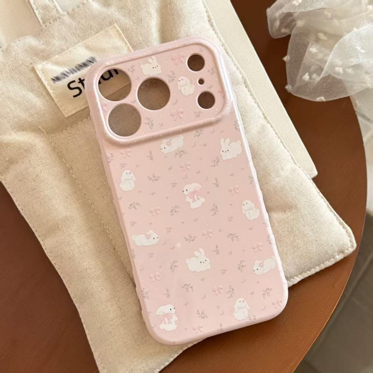

Floral Bunny Phone Case for Apple 17pro, 16pro, 15, 14, 13, 12 with Side Heart Design and Drop Protection. iPhone 14 Pro Max