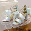 European and American Large Size One-word with Thick Heel Women's Sandals Satin Rhinestone High Heel Lace-up Bow White Rhinestone Women's Shoes 43