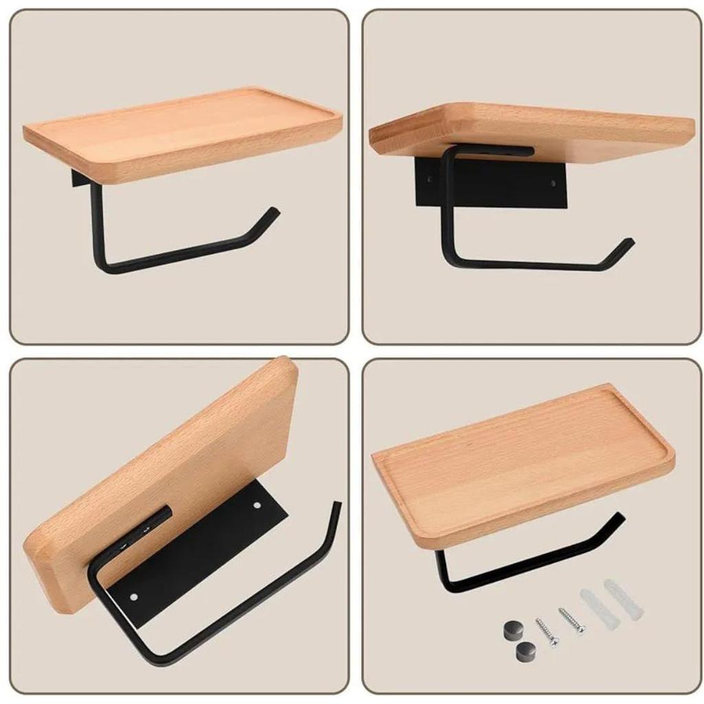 Heavy Duty and Premium Toilet Paper Holder with Shelf Black,Wooden Wall Mount Tissue Paper Roll Holder with Screw - Bathroom Accessories