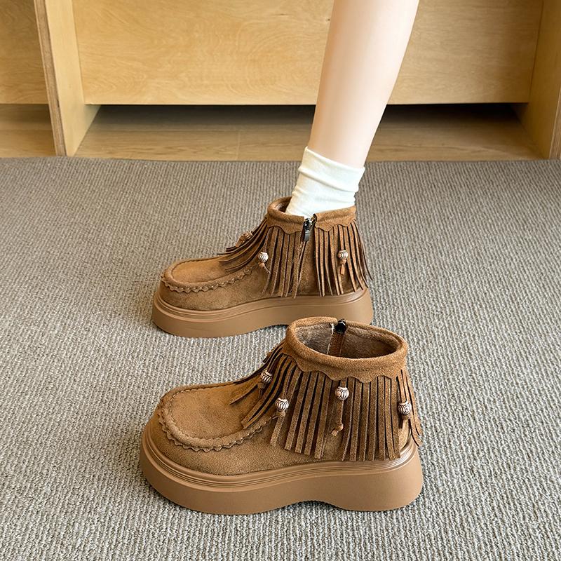 Fashion Single Boot Women's Fashion Round Toe Suede Tassel Side Zip Platform Non-Slip Booties