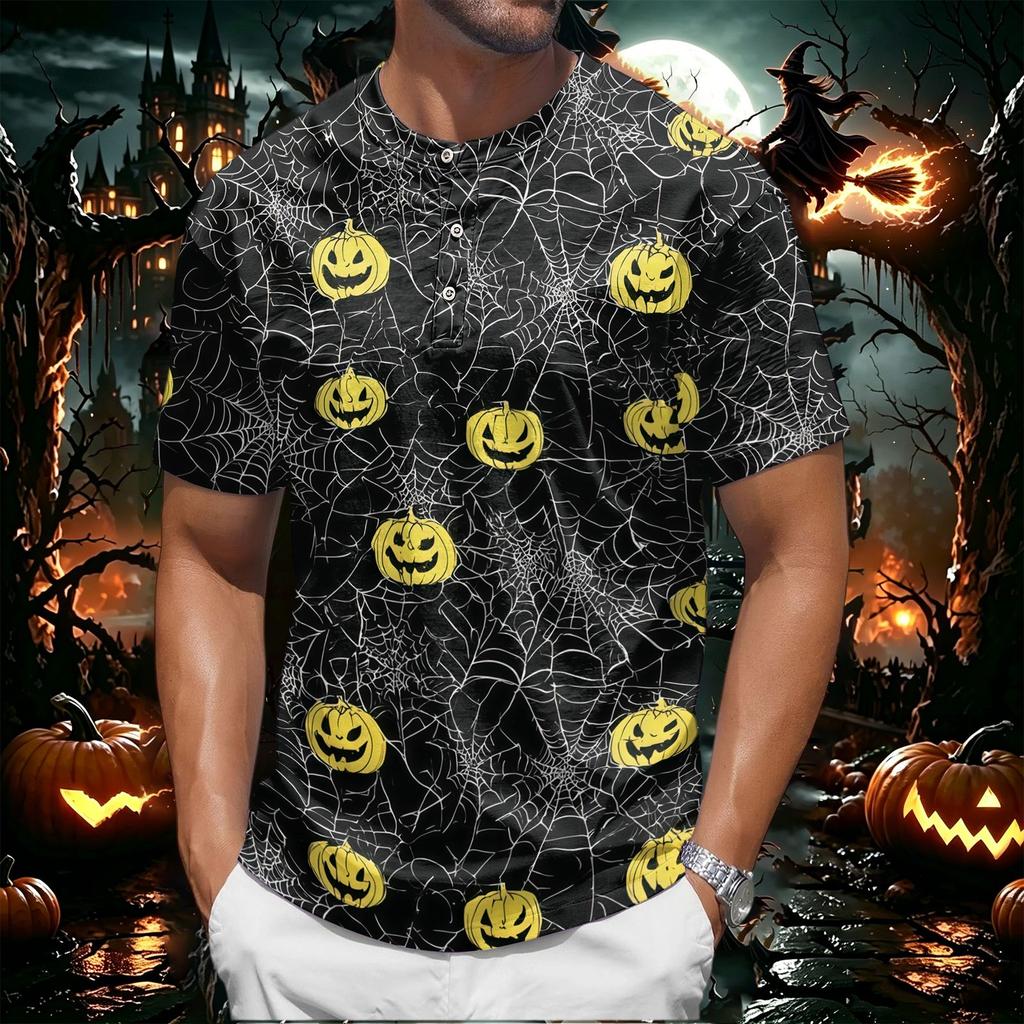 Men's Halloween Print Crew Neck Short Sleeve Top with Pumpkin and Web Pattern Casual Fit T Shirt for Daily Wear