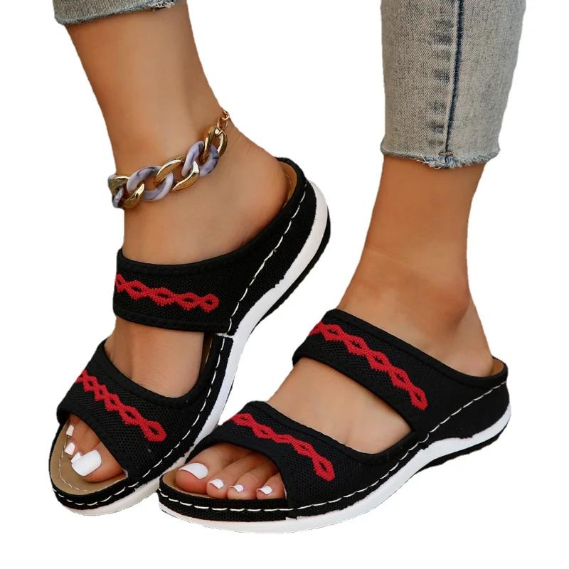 Papuci cu pană de bază pentru femei, papuci de vară din plasă respirabilă, pantofi de modă retro cu platformă, papuci casual de exterior pentru damă