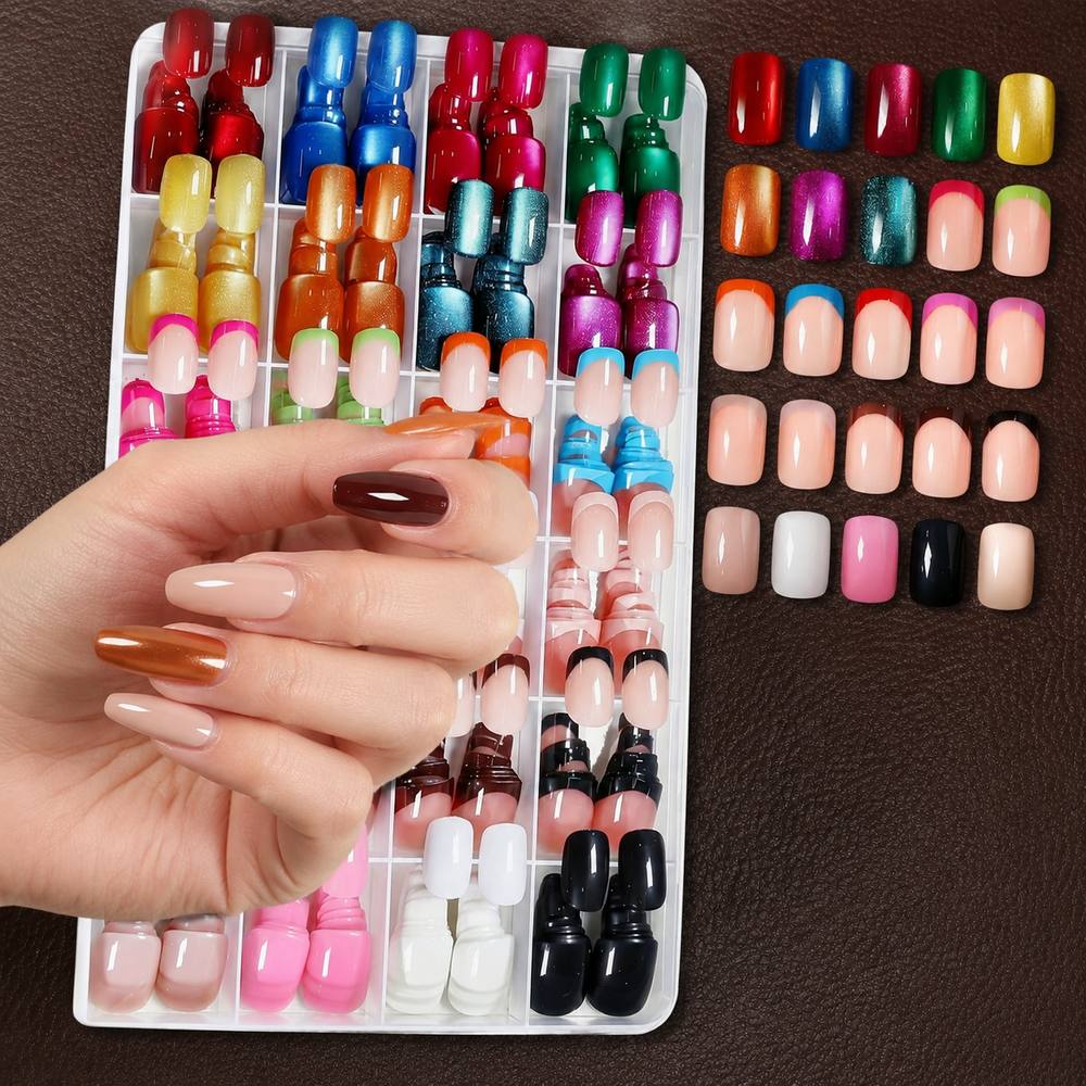 288Pcs Chic French Cat Eye Press On Nail 24 Different Colors French Cat Eye Fake Nail Office Appropriate Cat Eye False Nail