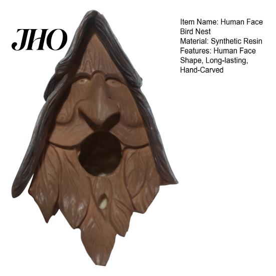 Fairy Birdhouse Happy Spirit Synthetic Resin Human Face Bird Rustic Shelter Nest Hand-Carved Ancient Tree with Carved Hair