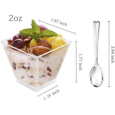 2OZ Square Dessert Cup Disposable Transparent Mousse Cup with Spoon Party Holiday Wedding Dessert Pudding Jelly Ice Cream Bowl