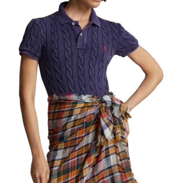 Polo Ralph Lauren FW22 Slim Fit Solid Cable Knit Short Sleeve Polo Shirt Women tops Blue WMPOKNINCU20630-410