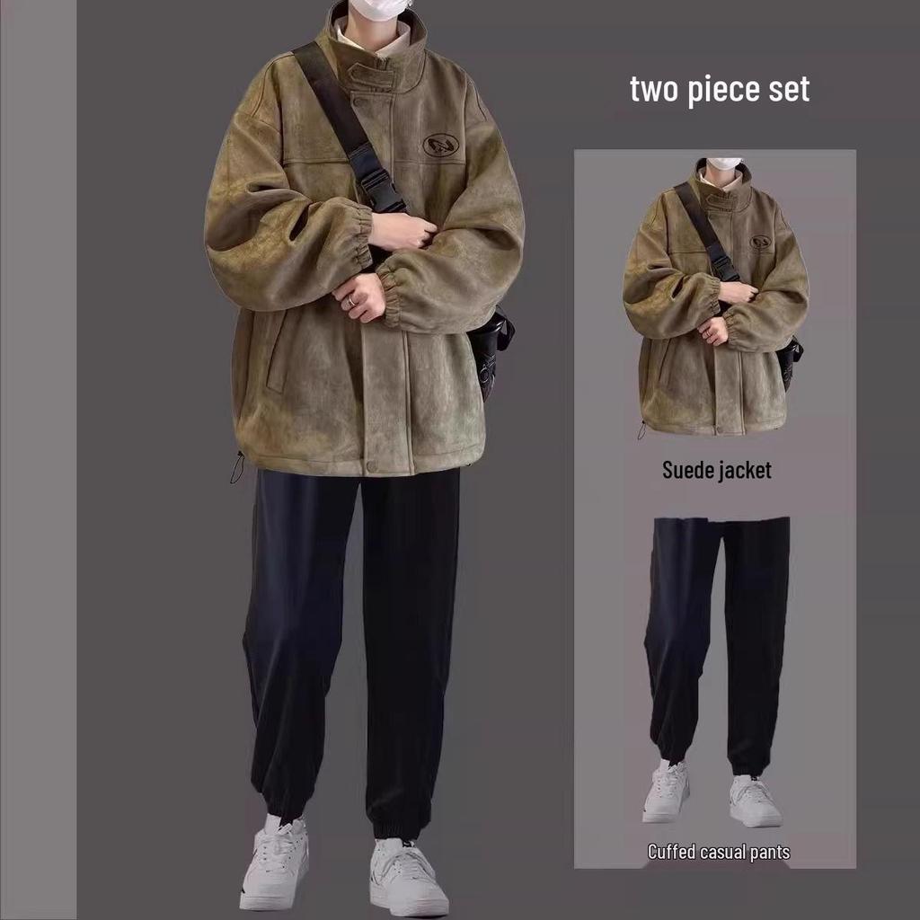 Men's Trendy Three-Piece Set: Autumn/Winter Suede Jacket, Cotton Coat, Casual Student Outfit