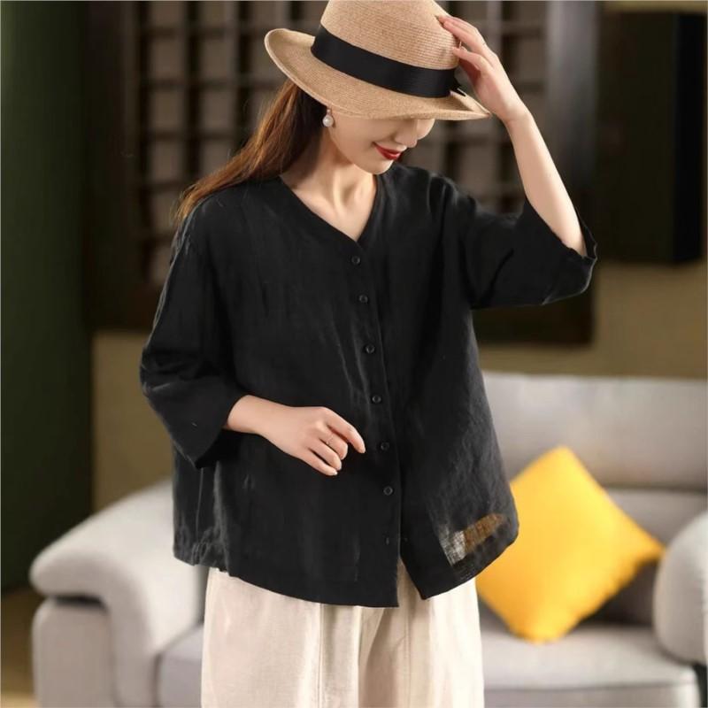 Johnature Women Casual Shirts V-Neck Half Sleeve Blouses Summer Solid Color Button Chinese Style Loose Shirts