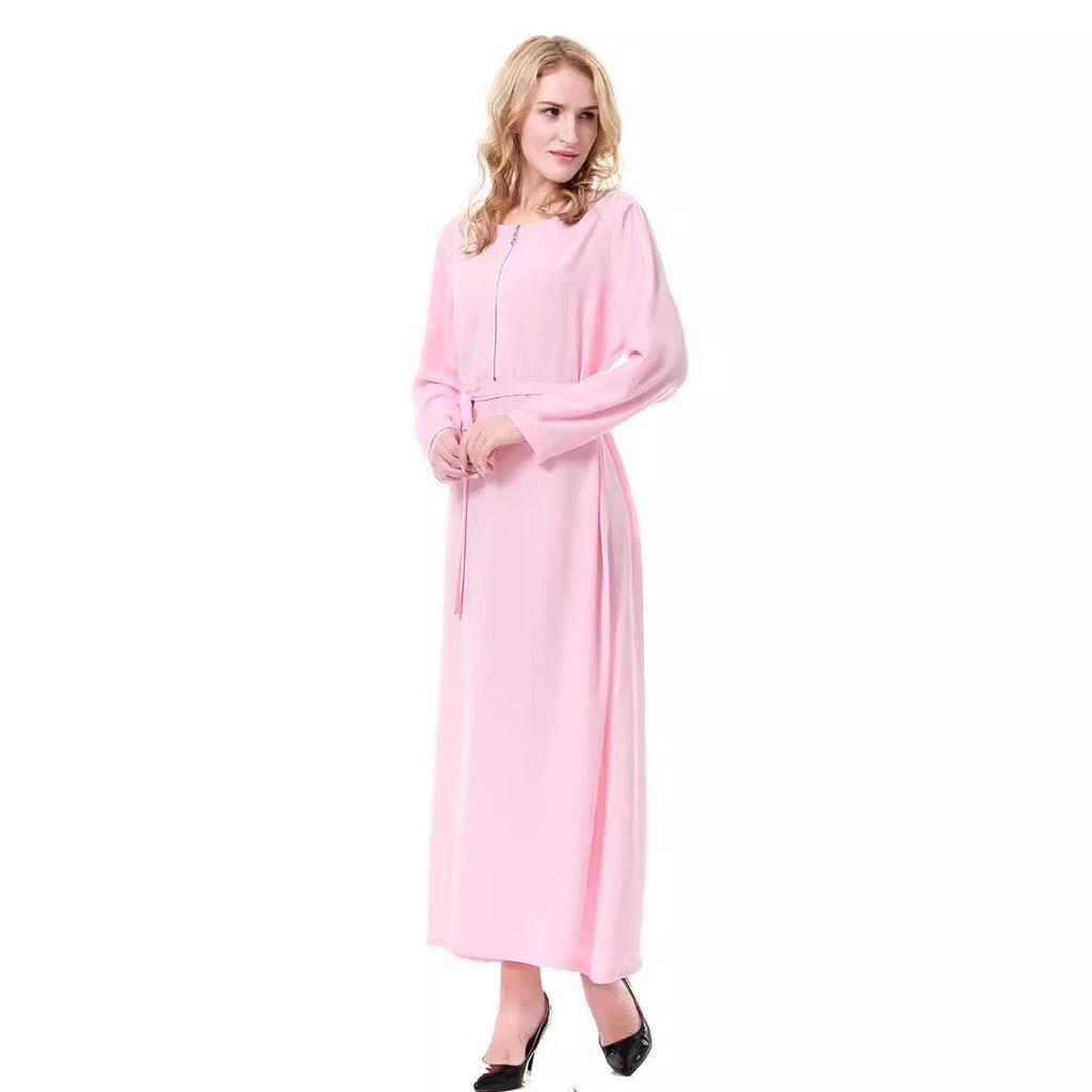 Women's Round Neck Solid Chiffon Zipper Long Dress, TH913