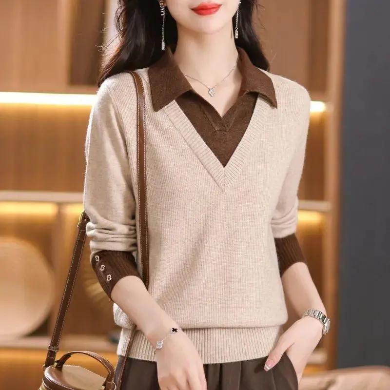 Women's Spring and Autumn Collared Loose Fit Plus Size Sweater Elegant and Beautiful Patchwork Knitted Undershirt