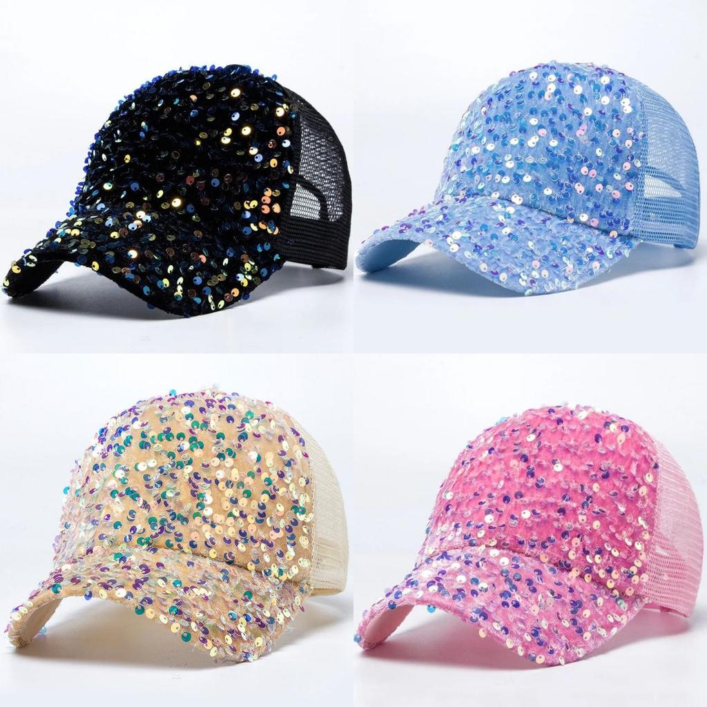 Polyester Sun Protection Baseball Cap With Shimmering Sequins For Outdoor Summer Activities