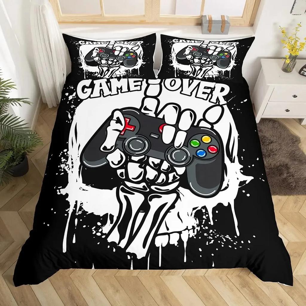 Gamer Duvet Cover Set Rotating Music Comforter Cover Gamepad Gaming Bedding Set for Boys Headphone Bedspreads Cover Queen Size