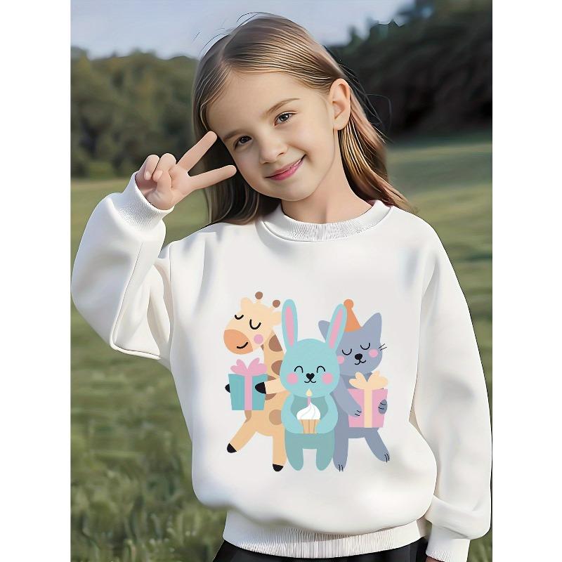Kids Crewneck Long Sleeve Sweatshirt, Cute Pet Party Cartoon Print with Giraffe, Blue Rabbit & Cat 110 белый