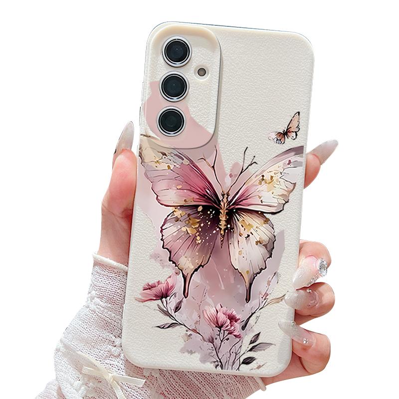 Pink Butterfly Watercolor Pattern Case For Samsung Galaxy A57 A56 A55 A54 5G A37 A36 A35 A34 A26 A25 A17 A16 A15 A14 Leather Texture Silicone Cover