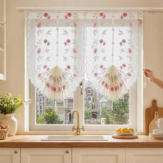 Lace Partition Curtain Lift-Type Design Daisy Embroidery Fluffy Arc Curtain Adjustable Height Partition
