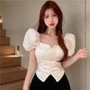 Retro White Square Neck Bubble Sleeve Irregular Short Shirt Women's Summer Unique Top