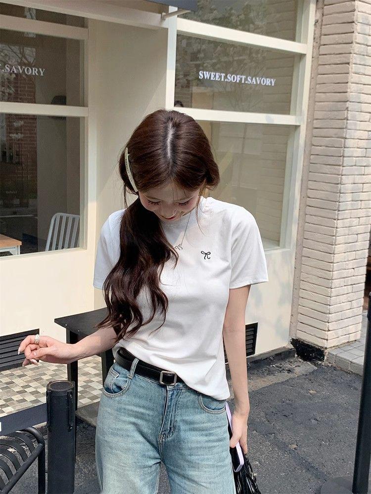 Women's 2025 Korean Style Bowknot Embroidered Slim Fit T-Shirt, Short Sleeve, Round Neck