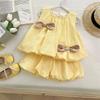 Girls Summer 3D Bloomer Shorts Set Cute Sleeveless Bow Top Two Piece Outfit Fashionable Kids Clothing