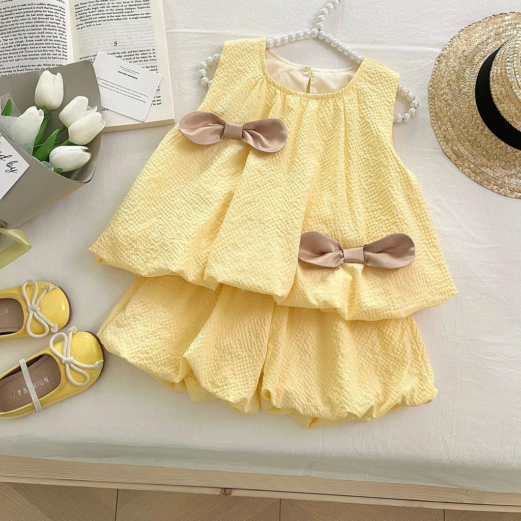 Girls Summer 3D Bloomer Shorts Set Cute Sleeveless Bow Top Two Piece Outfit Fashionable Kids Clothing