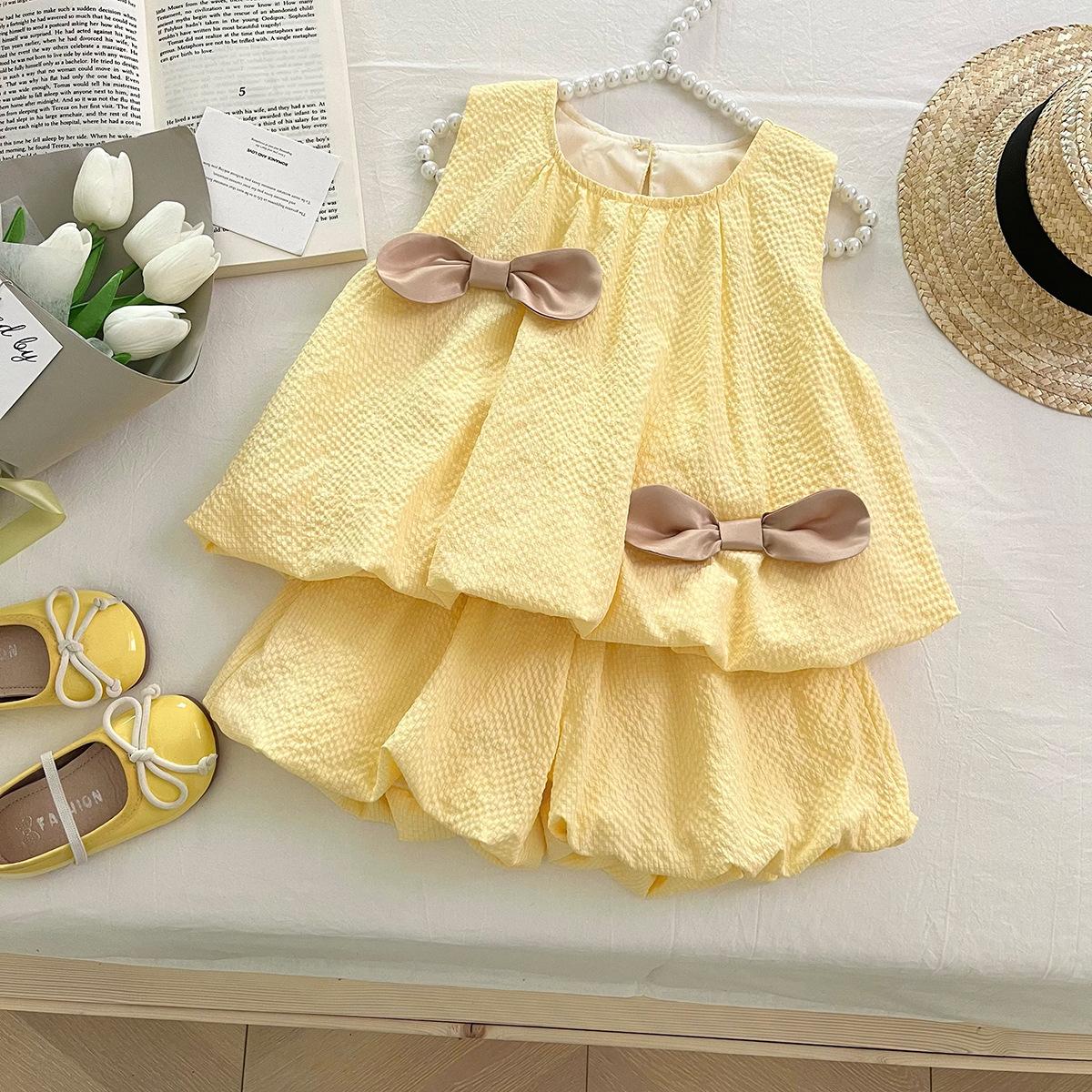 Girls Summer 3D Bloomer Shorts Set Cute Sleeveless Bow Top Two Piece Outfit Fashionable Kids Clothing 90cm