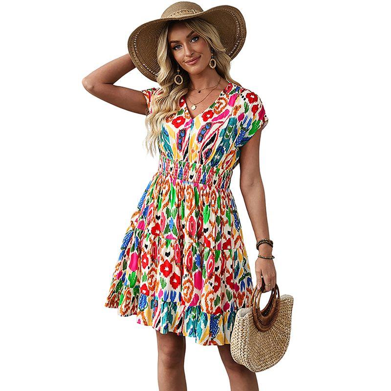 

American Shiying Artistic Retro Color Matching V-neck Dress Women 2025 Summer New Pleated High Waist Short dress Color Size S fit (45.00 kg-55.00 kg