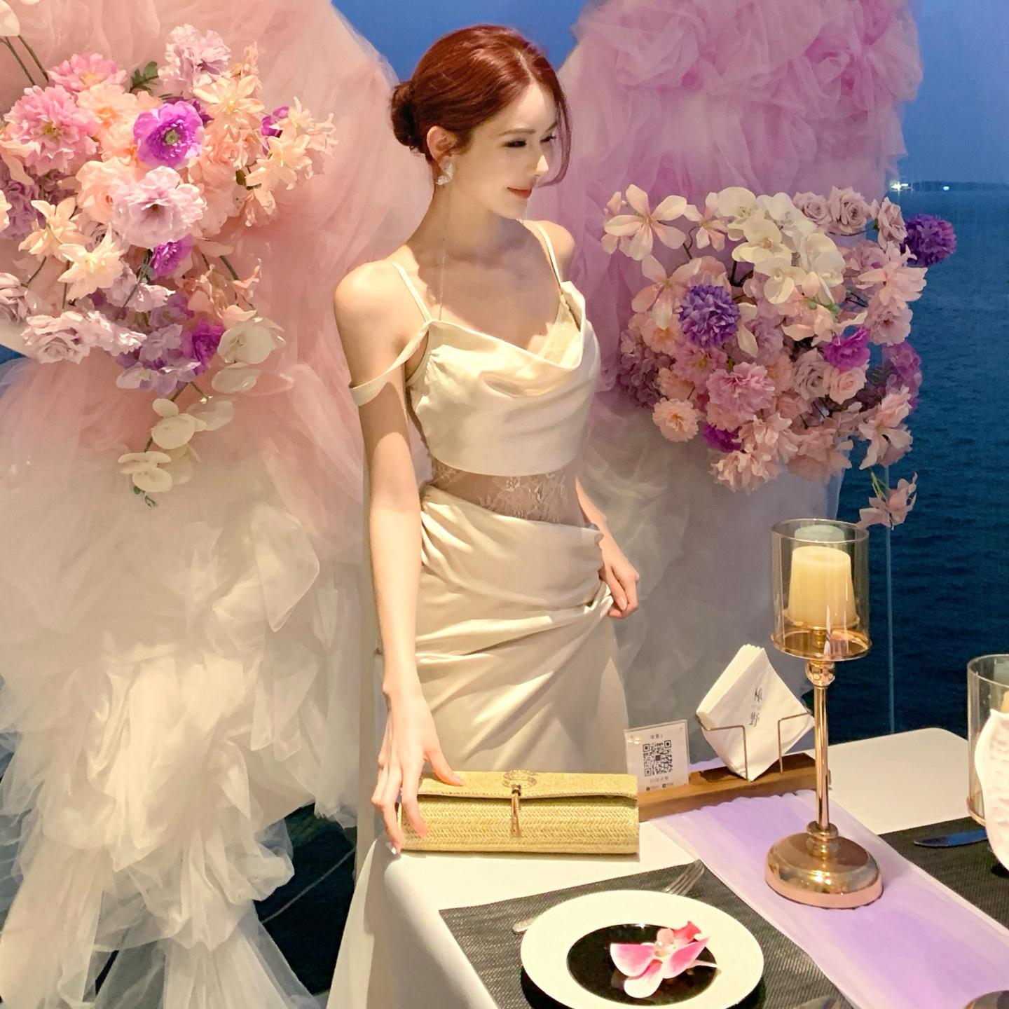 

Birthday Dress High Sense Celebrity French Satin Dress Hip Wrap Long Dress Lace Splicing Suspender Dress Women L