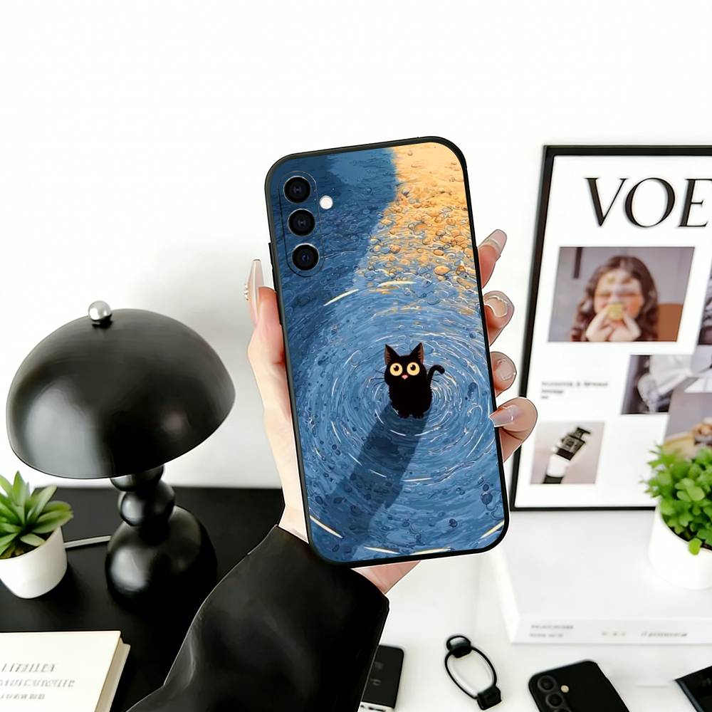 Cute Black Cat Illustration Phone Case For Samsung Galaxy A73,A72,A71,A70,A53,A52,A51,Soft Silicone Black Cover