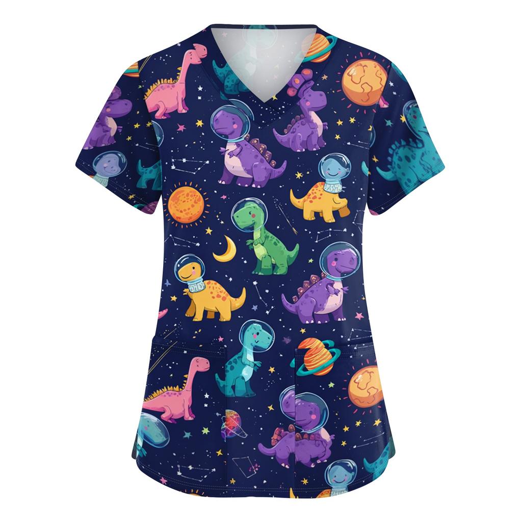 Top da Lavoro da Donna a V Manica Corta con Tasche Stampa Animali Cartone Animato Uniforme Medica Vestibilità Comoda Tessuto Resistente