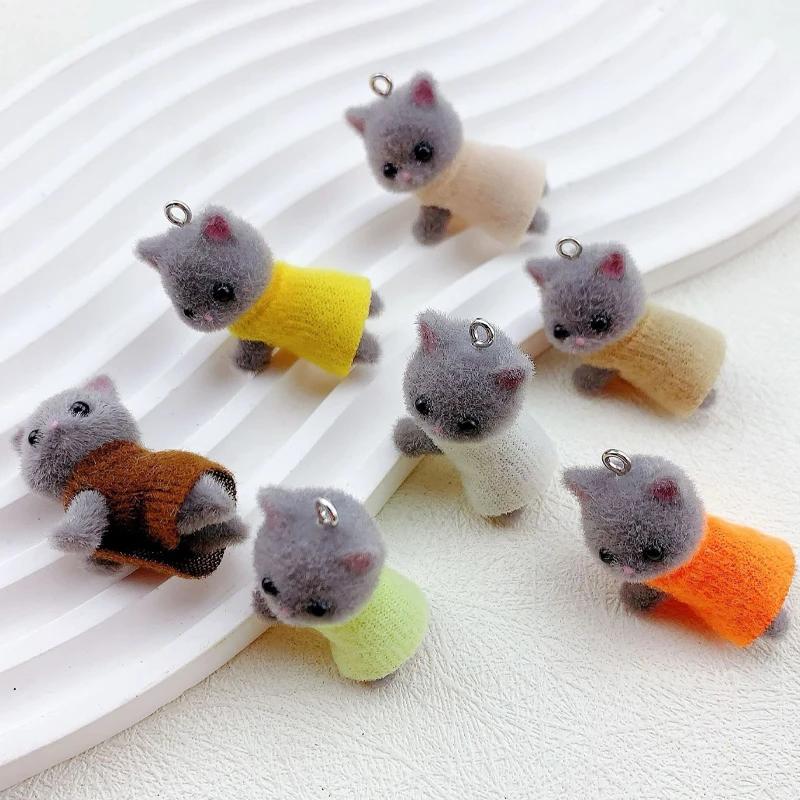 Dress Cat Pendant Cute 3D Hairy Flocking Animal Cat Charms Miniature Dolls Keychain Necklace Pendant DIY Crafts Jewelry Make