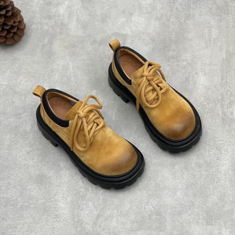 New Retro Shoes, Thick-soled Casual Lace-up Soft Leather Round Toe Shoes for Women