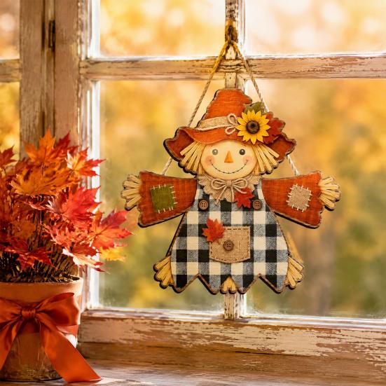 Front Door Welcome Sign Fall Wooden Hanging Sign, Autumn Scarecrow & Pumpkin Maple Leaf Entryway Ornament Hanger, Harvest Thanksgiving Decor,