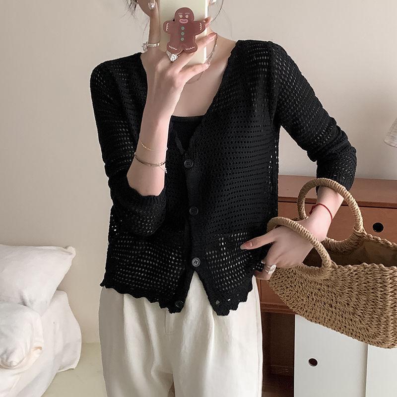 

Маленький свежий колледж полый вязаный свитер кардиган женский летний тонкий свободный с длинным рукавом солнцезащитная шаль топ Average size 54-114 чёрный
