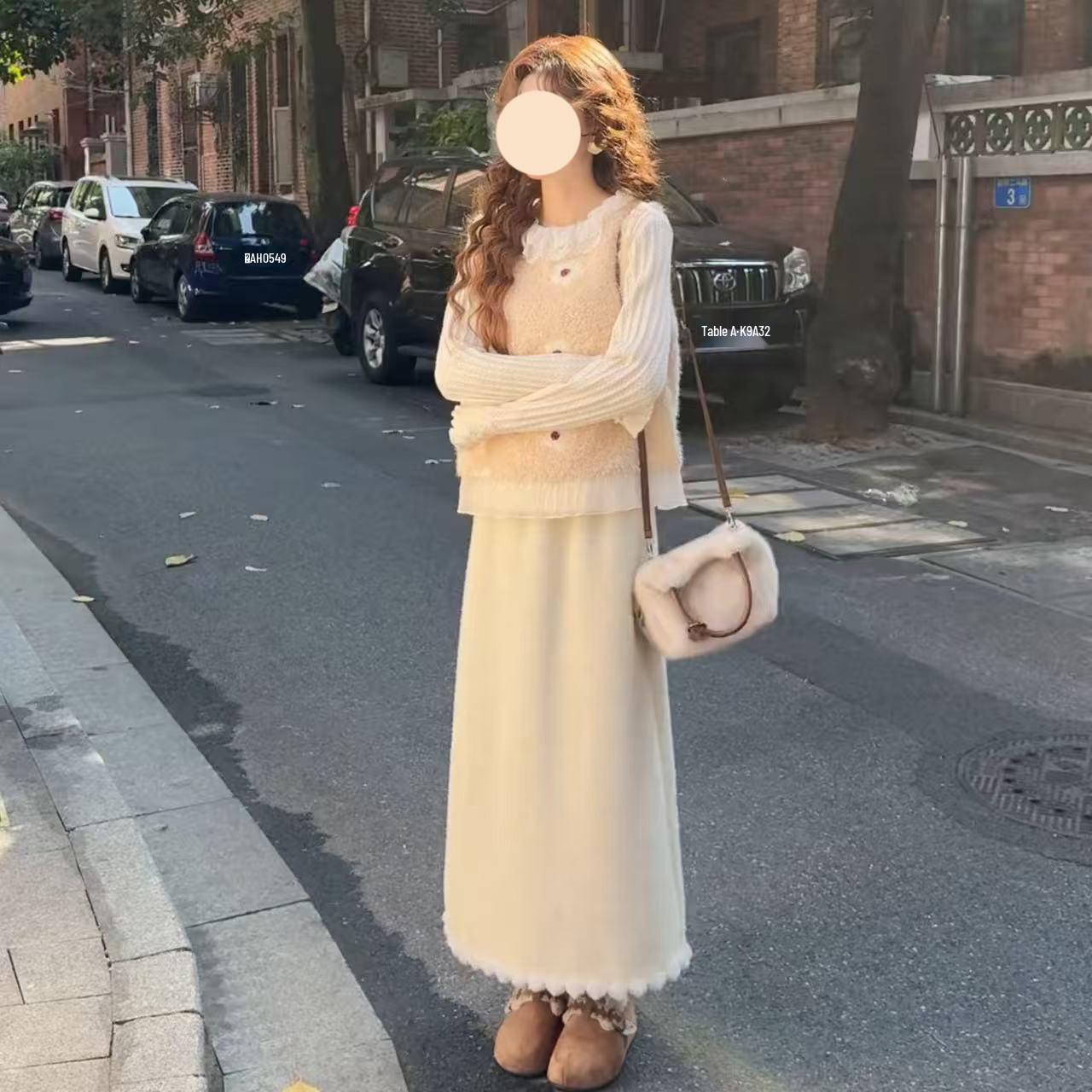 

Women s Elegant Winter French Suit: Ribbed Shirt, Vest Jacket & Long Skirt Set M (Recommended for 95-105 catties)
