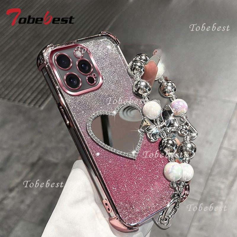 Glitter Plating Love Mirror Bracelet Case for iPhone 16 16E 15 14 Plus 13 12 Mini 11 Pro XS Max XR X Shockproof Silicone Cover