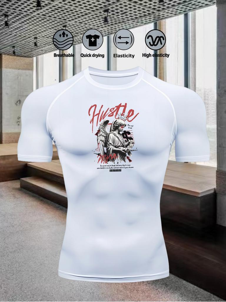 Men's Compression Shirt Quick Dry Navy Blue Gym T-Shirt "HUSTLE" Fallen Angel Print Workout Sportswear