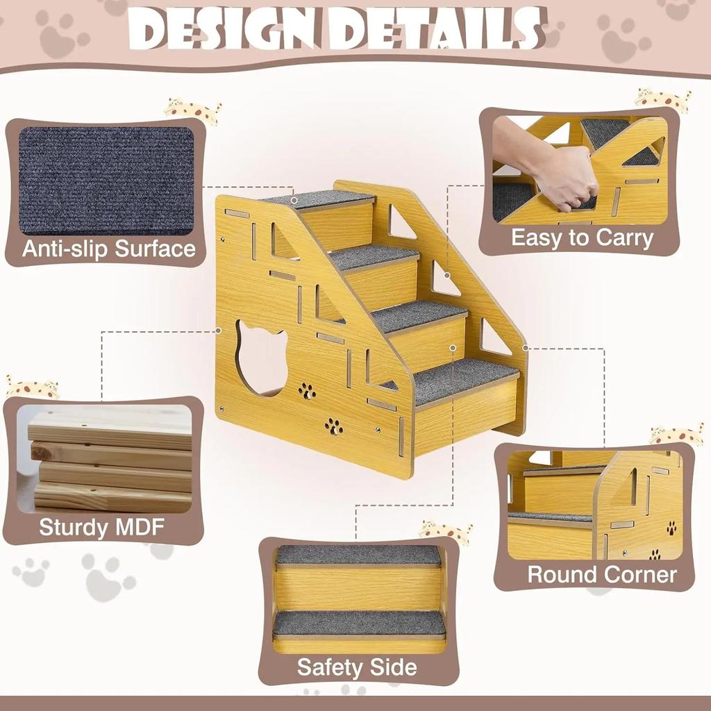 Ergonomic 4-Step Pet Stairs - Wooden Dog Steps with Anti-Slip Treads & Adjustable Height for Beds/Couches