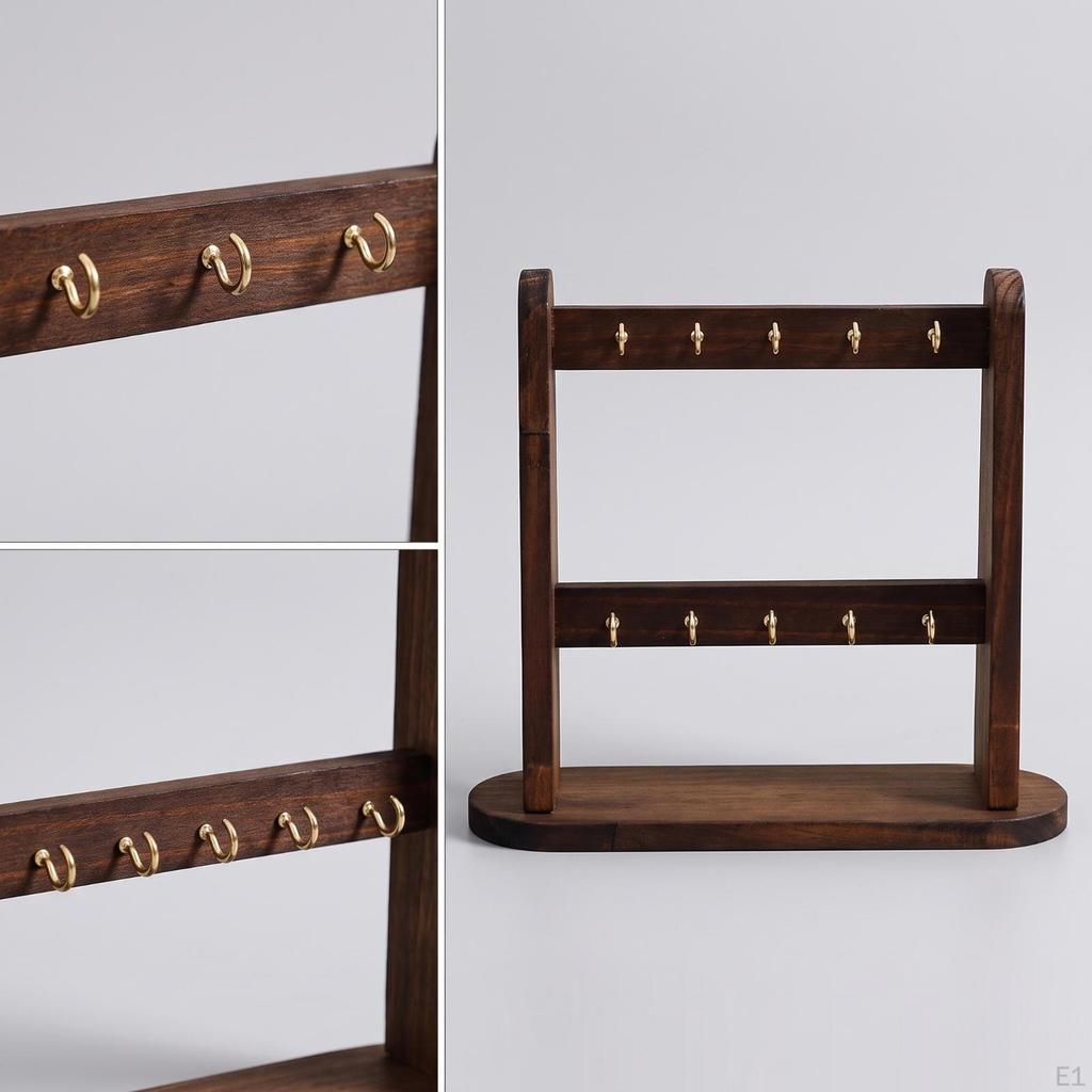 Jewelry Display Stand with Hooks TwoTier Accessory Rack Wooden Holder for