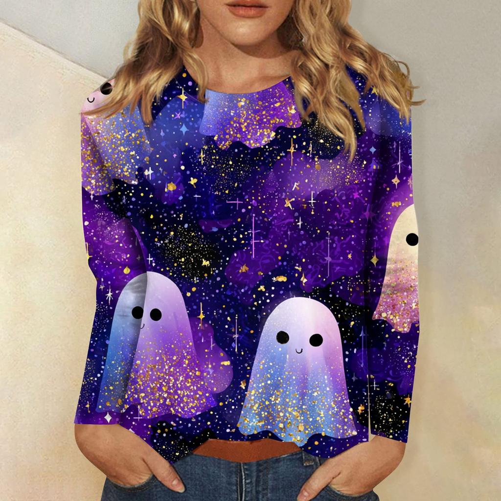 Women's long-sleeved loose-necked Halloween print casual top , suitable for holiday parties