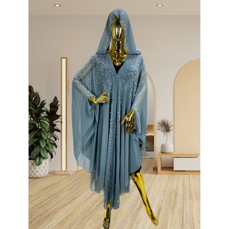 

2025 Sequins Hot Drilling Spring Middle East Africa Southeast Asia Batwing Sleeve Women Loose Hood Cover up Dress Dress Grey Free size
