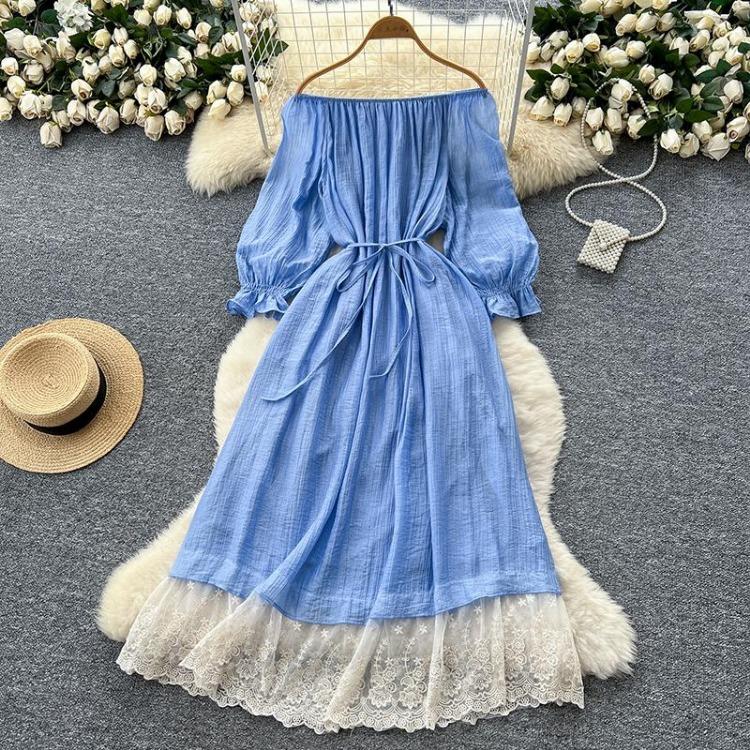 Dolce Abito da Donna Aderente A-line Scollo Bardot Maniche a Lanterna Vita con Fascia Raccoglitore Pizzo Giuntato Abito Lungo